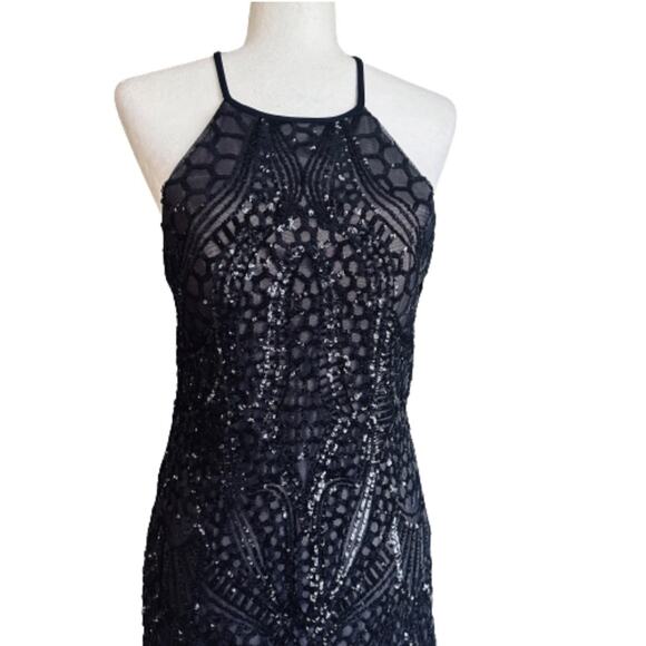 Nightway Gown Dress Navy Blue Mesh Sequins Halter Criss Criss Back Sheath Size 8 - Picture 5 of 16